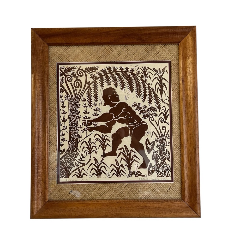 Hawaii Artist Dietrich Varez Picking Maile Woodblock Print Signed 80s Koa Frame